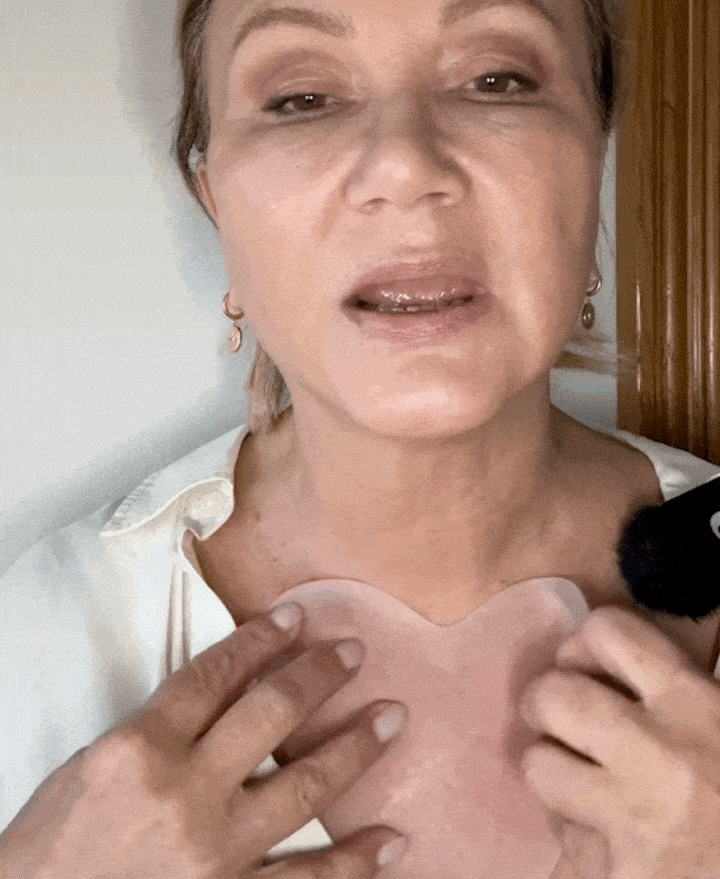 Wrinkles Schminkles blog banner on smoothing décolletage and chest lines for side sleepers