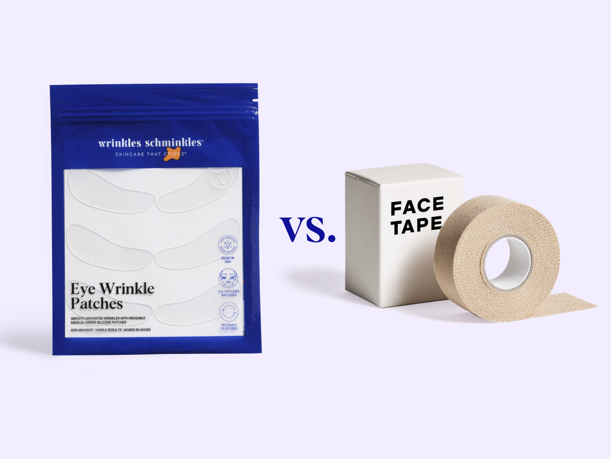 Wrinkles Schminkles blog banner comparing wrinkle patches with face taping
